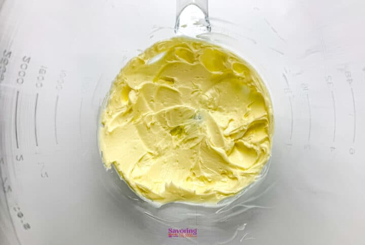 whipped butter in a mixing bowl.