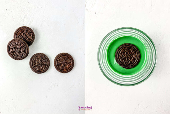 Three chocolate sandwich cookies on the left; one cookie in a glass of green liquid on the right, set against a white background.