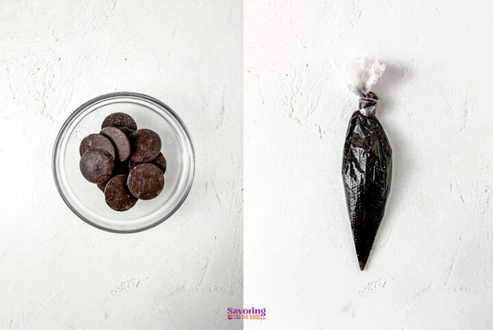 A glass bowl with chocolate wafers on the left and a piping bag filled with a chocolate mixture on the right, placed on a textured white surface.