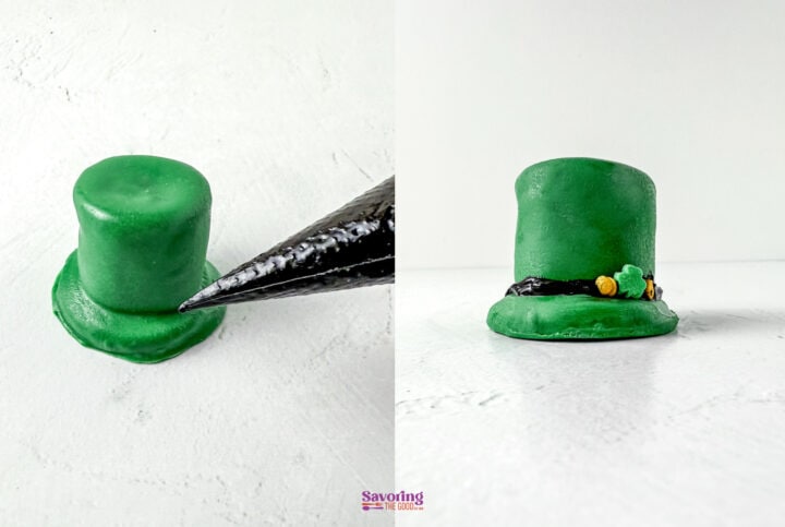 Two images of a green top hat made from frosting. The left shows piping in progress; the right shows the finished hat with a black band and small yellow decorations.