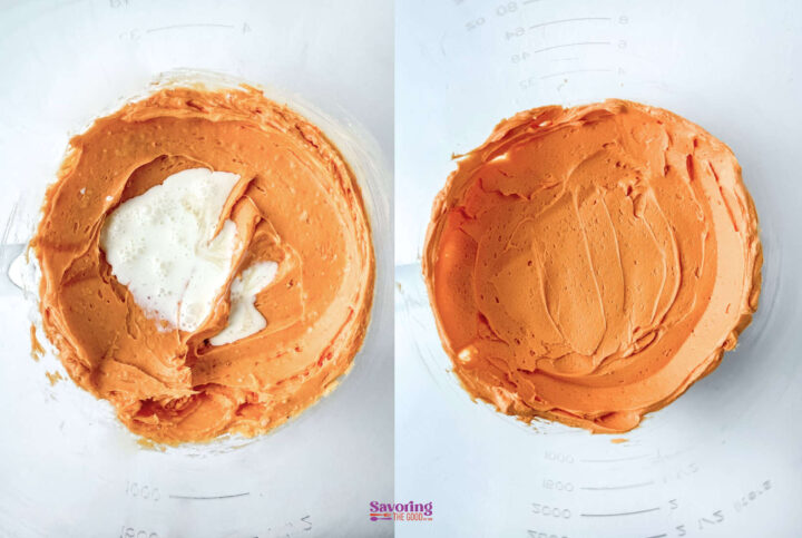 Two images show a bowl with orange frosting. The left image includes added cream, while the right image shows the frosting fully mixed to a smooth consistency.