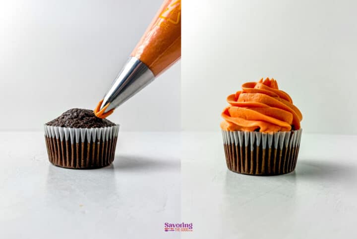 Piping orange frosting onto a chocolate cupcake before and after completion.