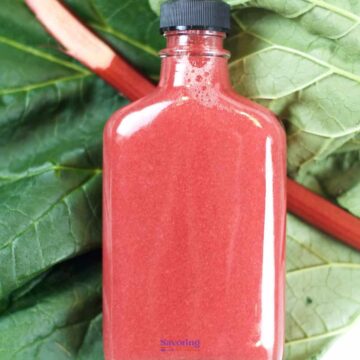 A bottle of pink liquid, known as rhubarb syrup, rests gracefully on large green leaves beside a fresh rhubarb stalk.