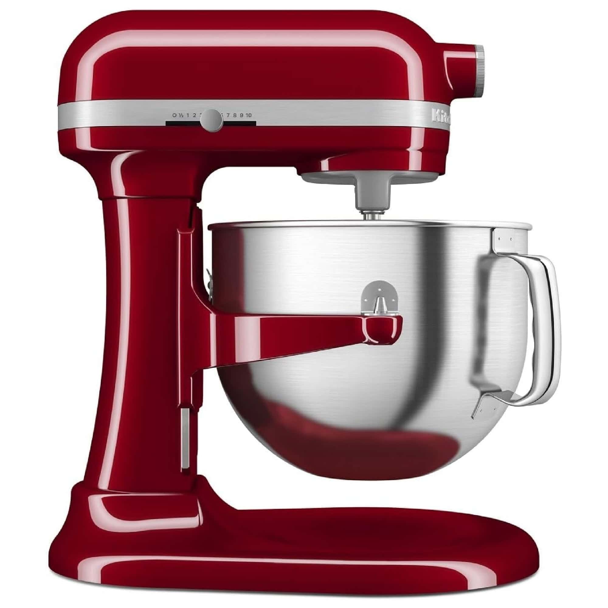 A blue KitchenAid stand mixer with a stainless steel mixing bowl attached.