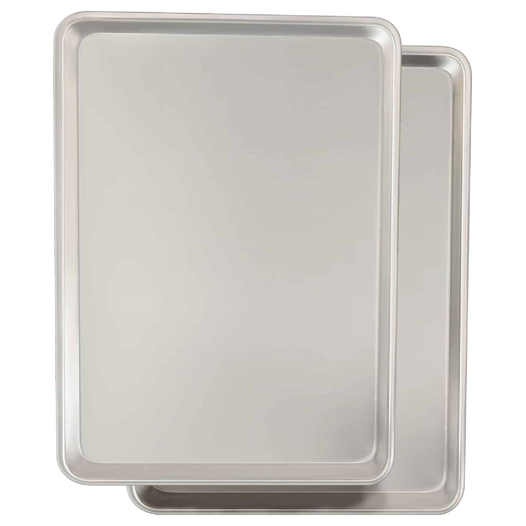Two silver baking sheets stacked slightly offset on a white background.