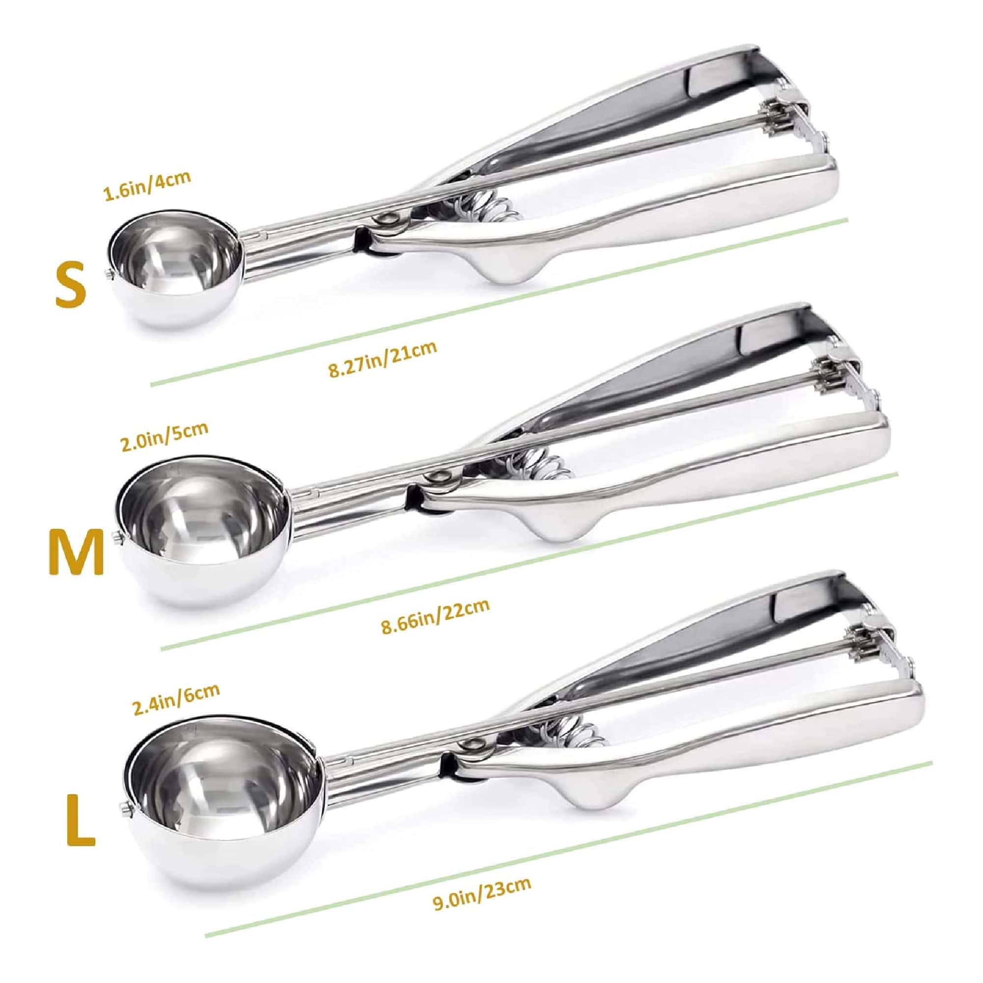 Three metal ice cream scoops in small, medium, and large sizes, with measurements listed for each handle and scoop diameter.
