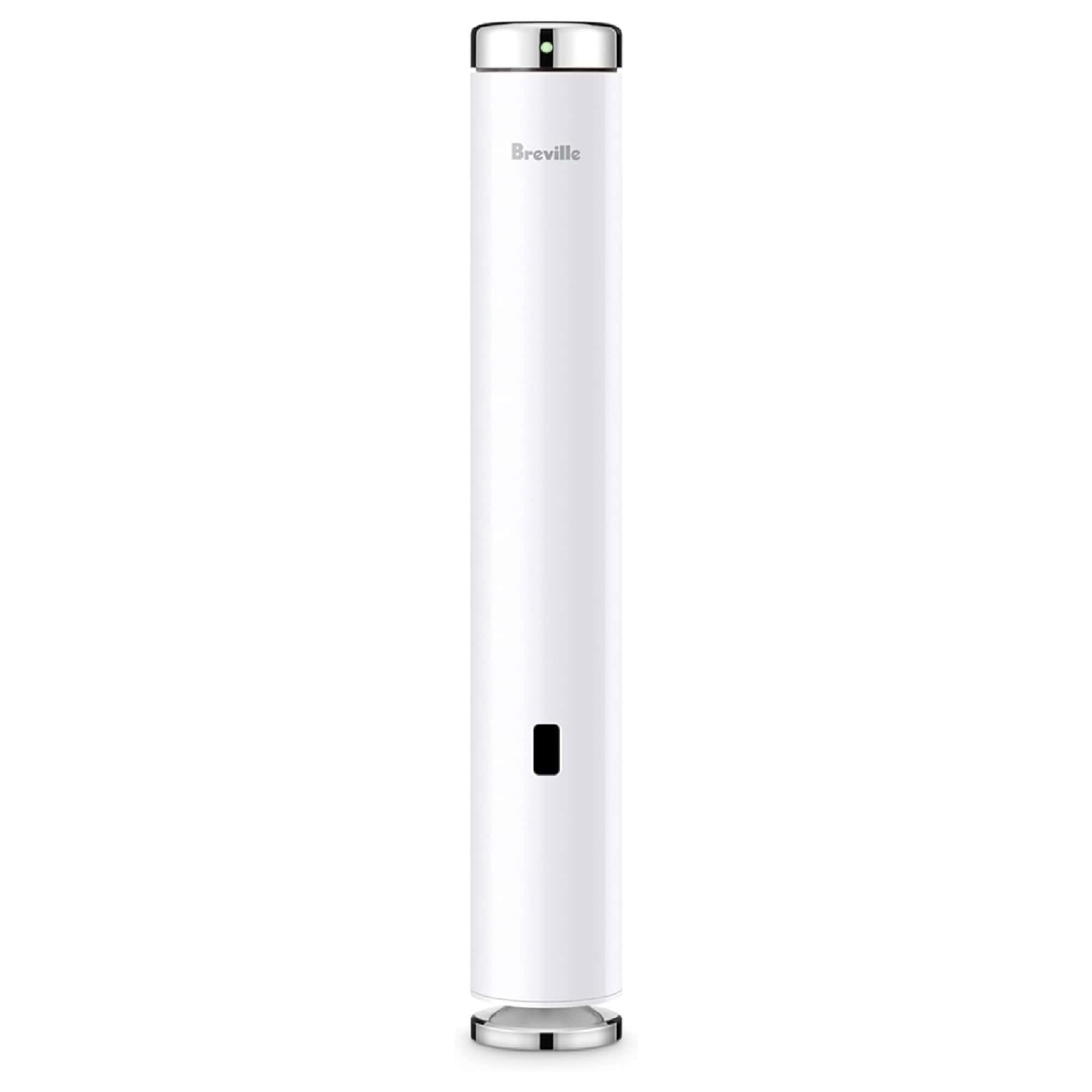 Tall, cylindrical white kitchen appliance with silver accents, featuring a small black button near the base.