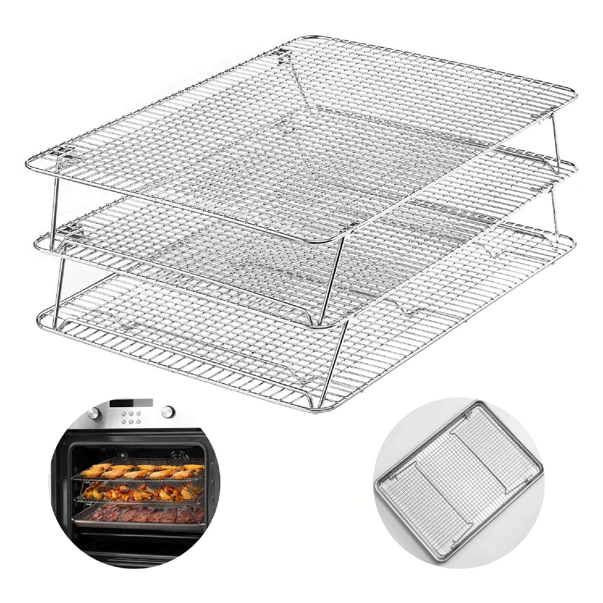 Three-tier stainless steel cooling rack with baking tray images, shown baking chicken wings in the oven.
