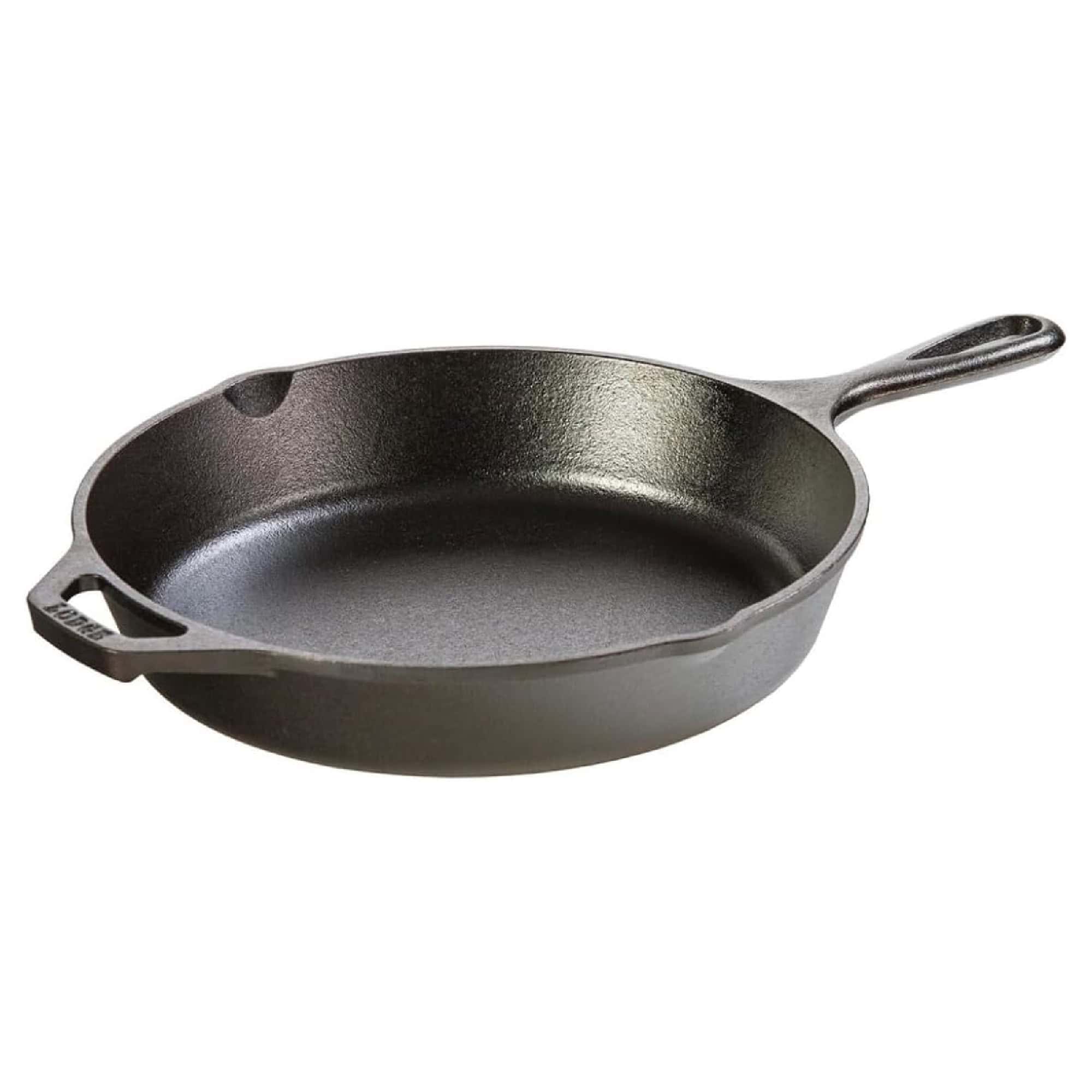 Cast iron skillet with a handle and a pouring spout on a white background.