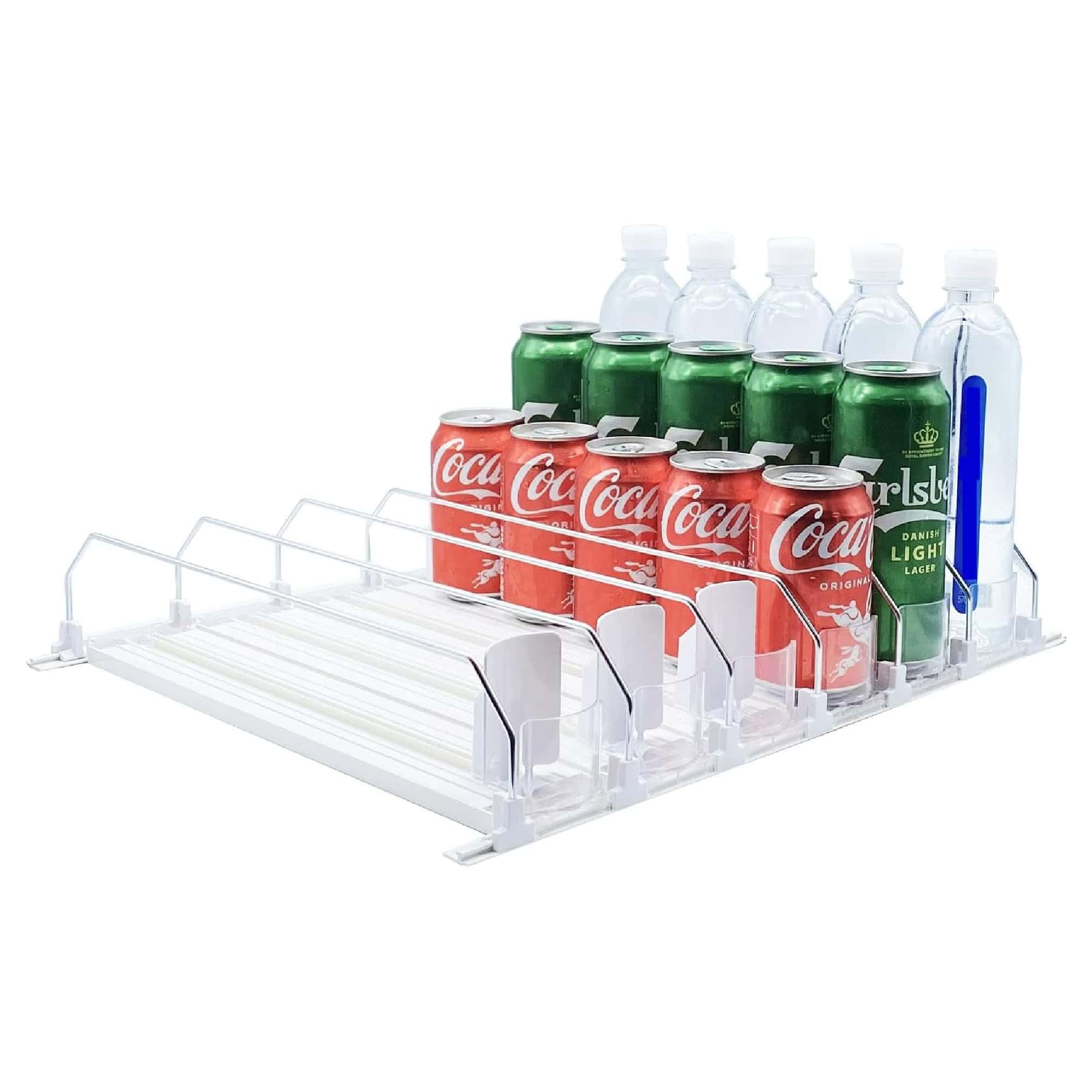 A clear beverage organizer holds six Coca-Cola cans, three green Carlsberg cans, three water bottles, and one blue glass bottle in rows.