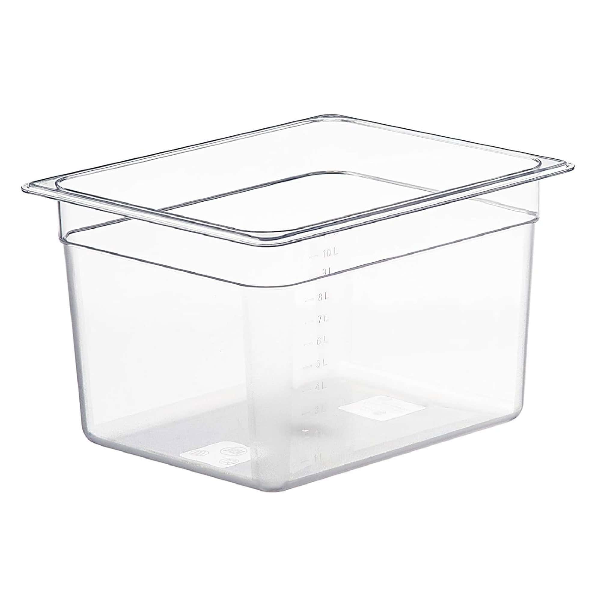Clear, rectangular plastic food storage container with measurement markings on the side.
