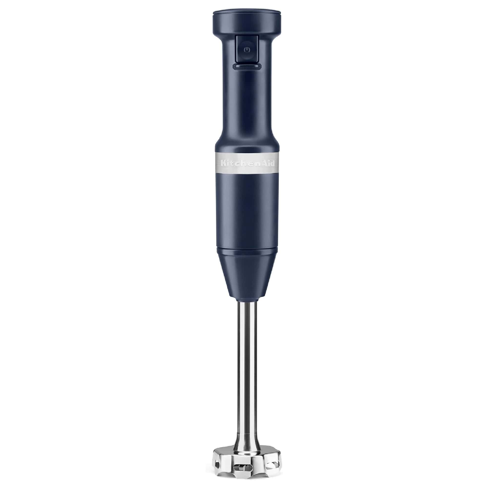 A navy blue immersion blender with a metallic shaft and blending attachment, standing upright against a white background.