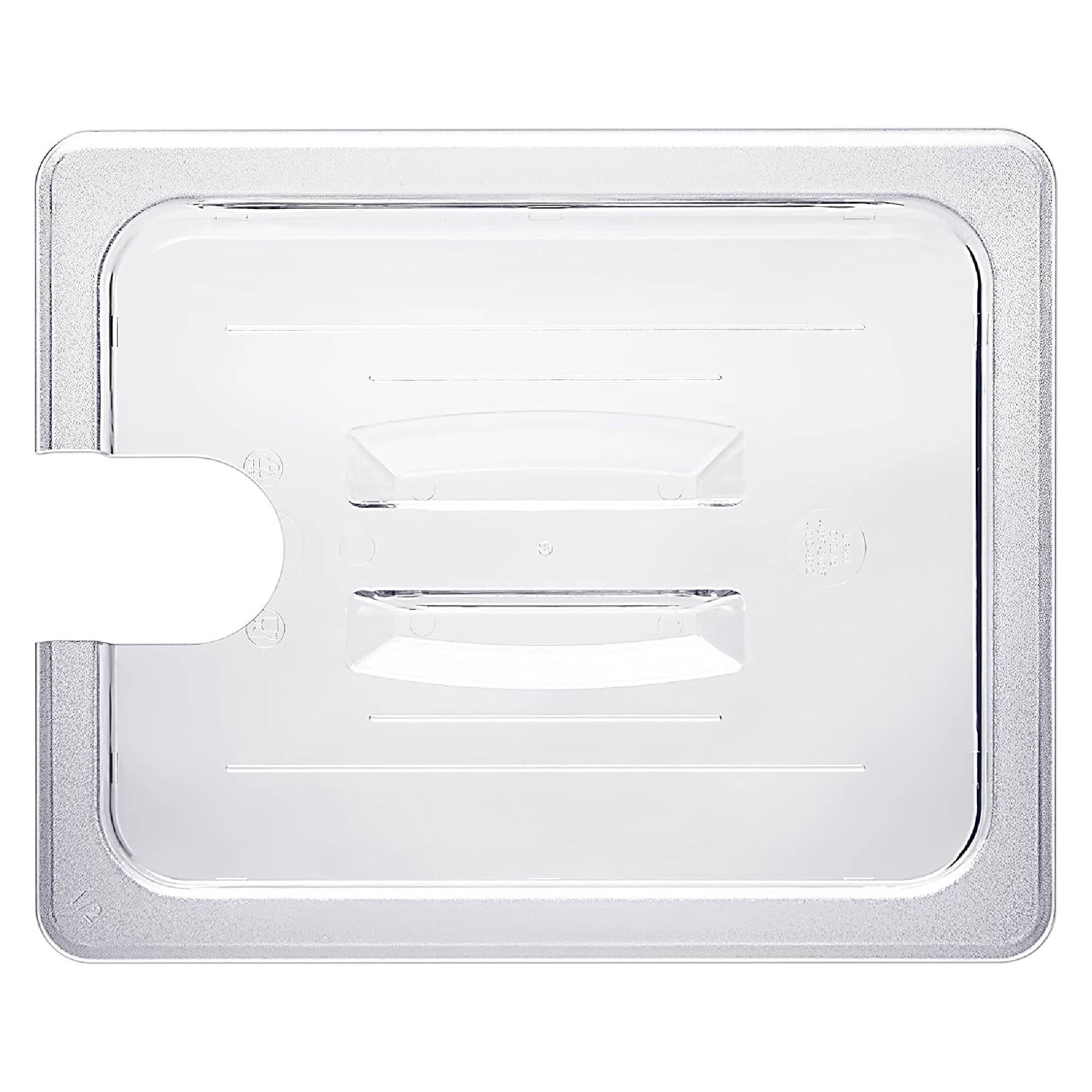 A transparent plastic tray lid with a cut-out handle on the left side, featuring two rectangular raised sections in the center.