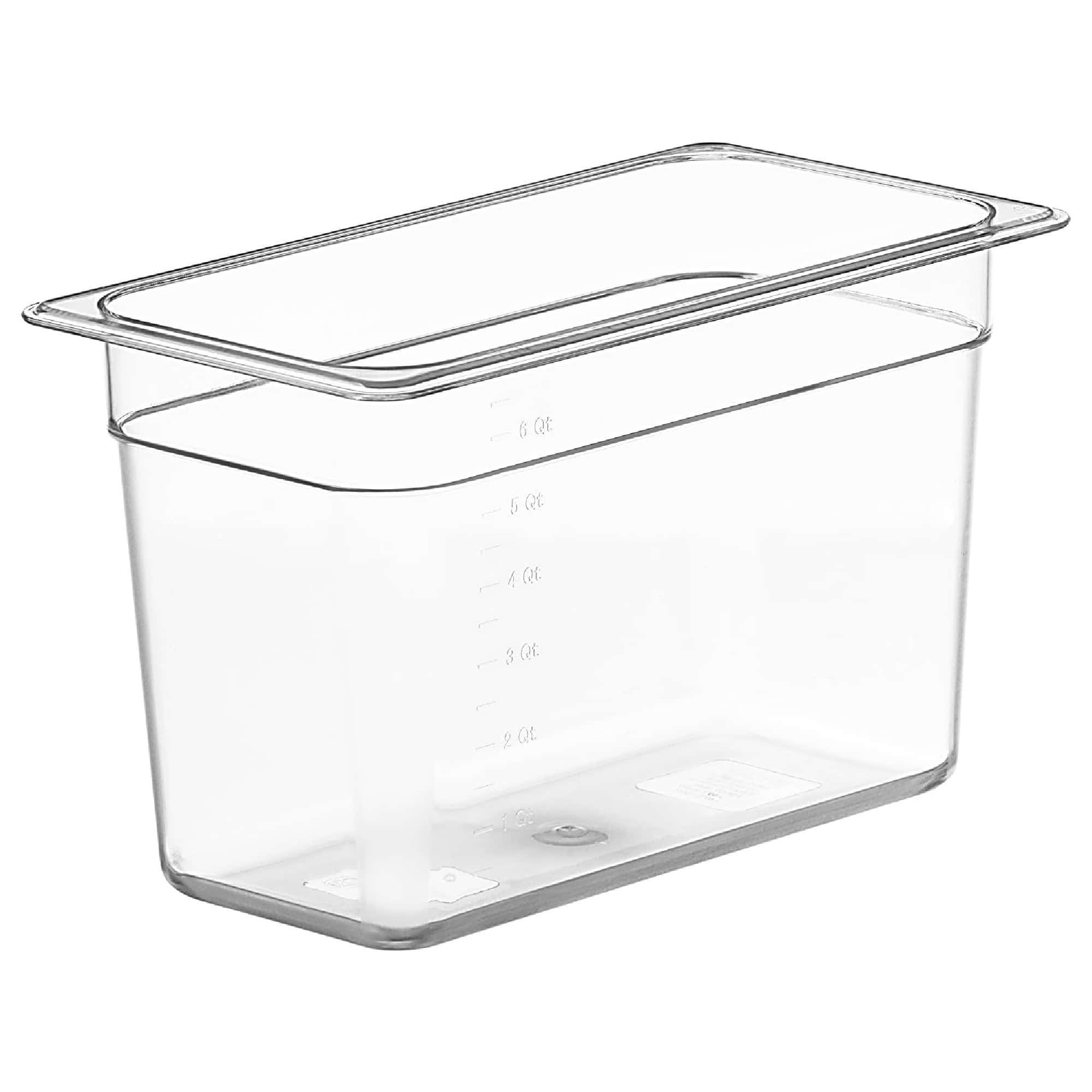 Clear rectangular plastic container with measurement markings on the side.