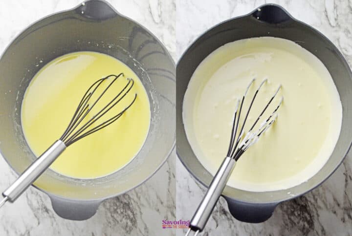 Two mixing bowls with whisks. Left bowl contains a yellow mixture, right bowl has a thick white mixture. Both are on a marble surface.