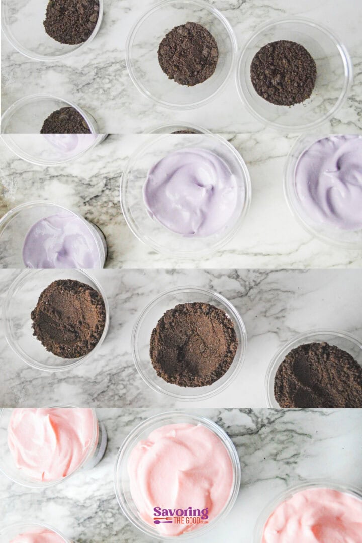 Step-by-step assembly of Easter dessert cups featuring layered crushed cookies and pastel-colored pudding, all beautifully arranged in plastic cups on a marble surface.