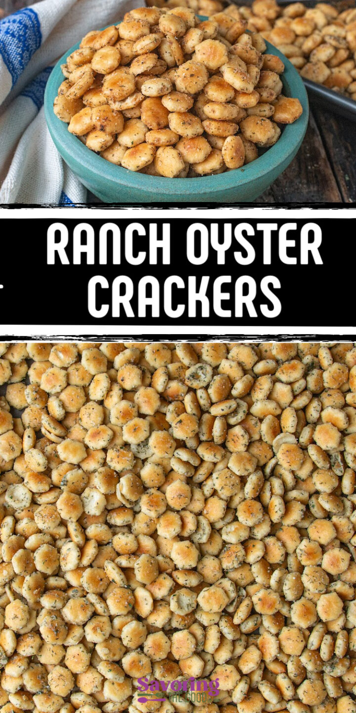 A bowl and tray of seasoned ranch oyster crackers, with a close-up view showing the crackers coated in herbs and spices.