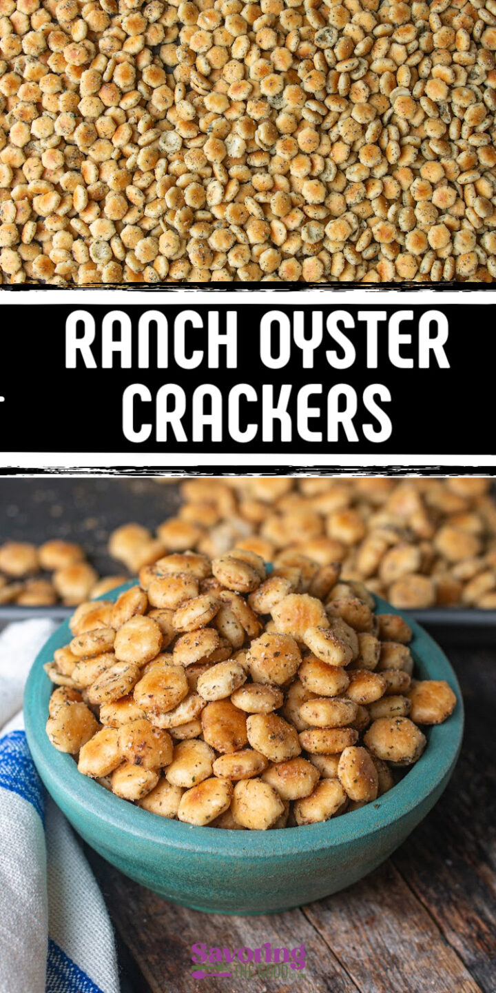 A close-up of seasoned ranch oyster crackers in a blue bowl, with more crackers in the background. Text overlay reads "Ranch Oyster Crackers.