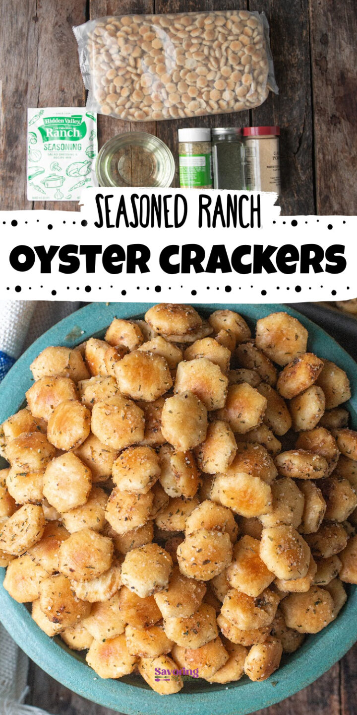 Ingredients and spices for seasoned ranch oyster crackers are displayed above a bowl filled with the finished, coated crackers.