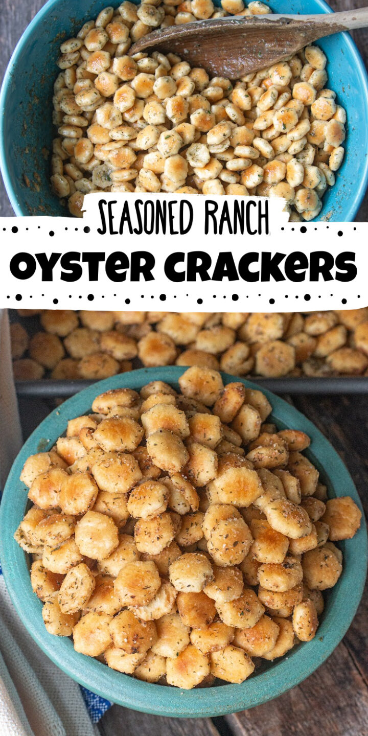 A bowl of seasoned ranch oyster crackers being mixed with a spoon, and a serving bowl filled with the finished crackers.