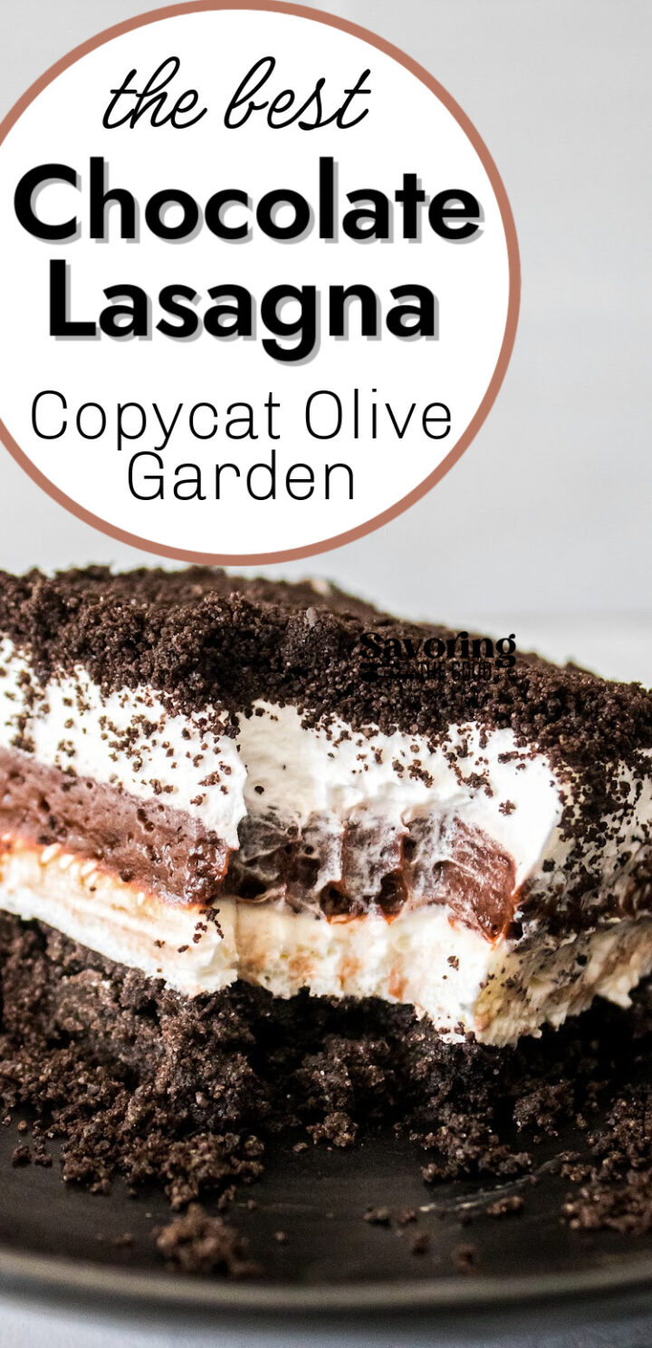 Close-up of a slice of chocolate lasagna dessert with layered cream, chocolate, and cookie crumbs, labeled as a copycat Olive Garden recipe.
