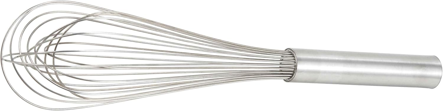 A stainless steel wire whisk with a cylindrical handle, used for mixing or whipping ingredients.