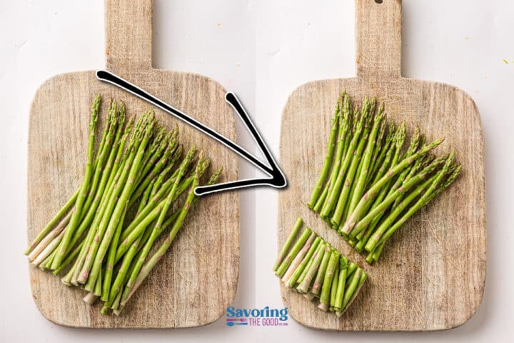 Two wooden cutting boards with asparagus; the left board shows whole spears with an arrow pointing to the right board, where the asparagus is trimmed and neatly stacked—perfect prep for a delicious sheet pan salmon dinner.