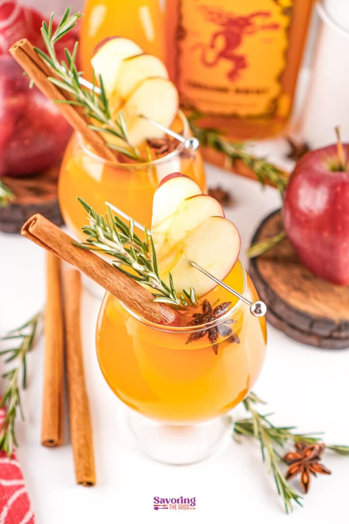 Two glasses of apple cider cocktails garnished with apple slices, rosemary, cinnamon sticks, and star anise, surrounded by whole apples and cinnamon sticks.