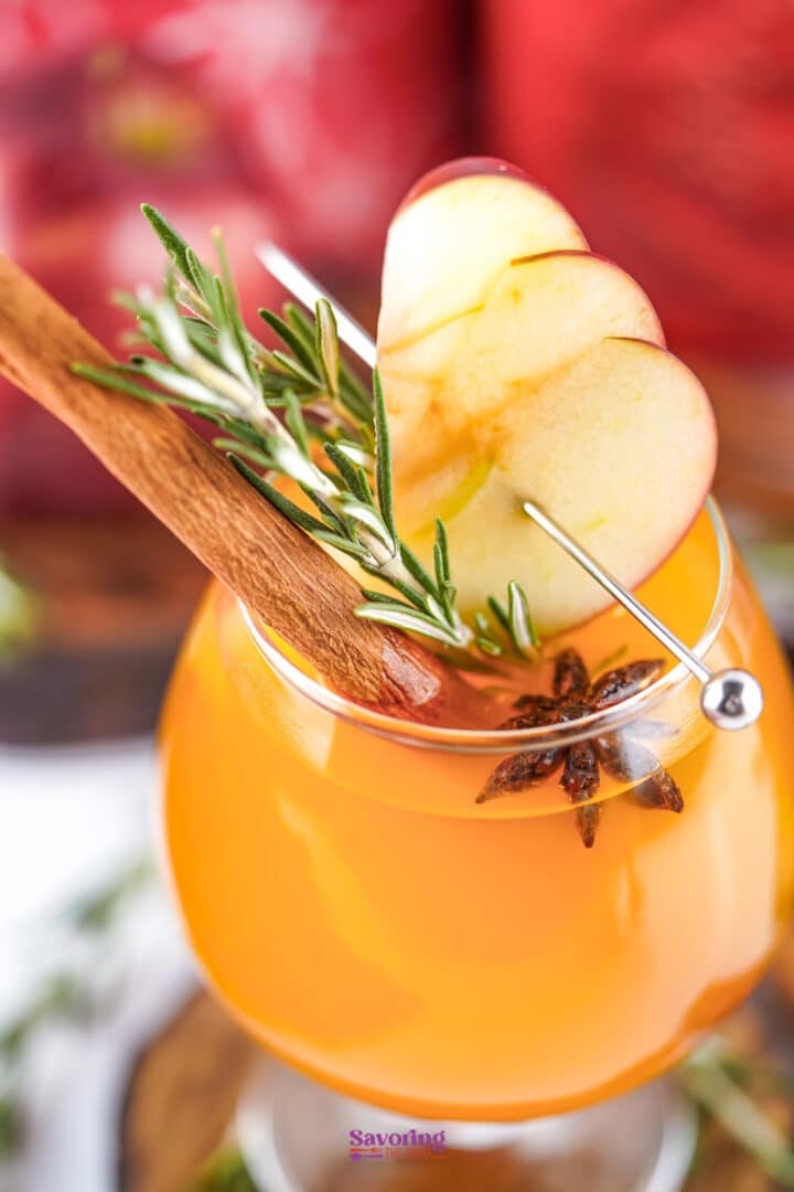 A glass of orange-colored drink garnished with apple slices, a cinnamon stick, a sprig of rosemary, and star anise.