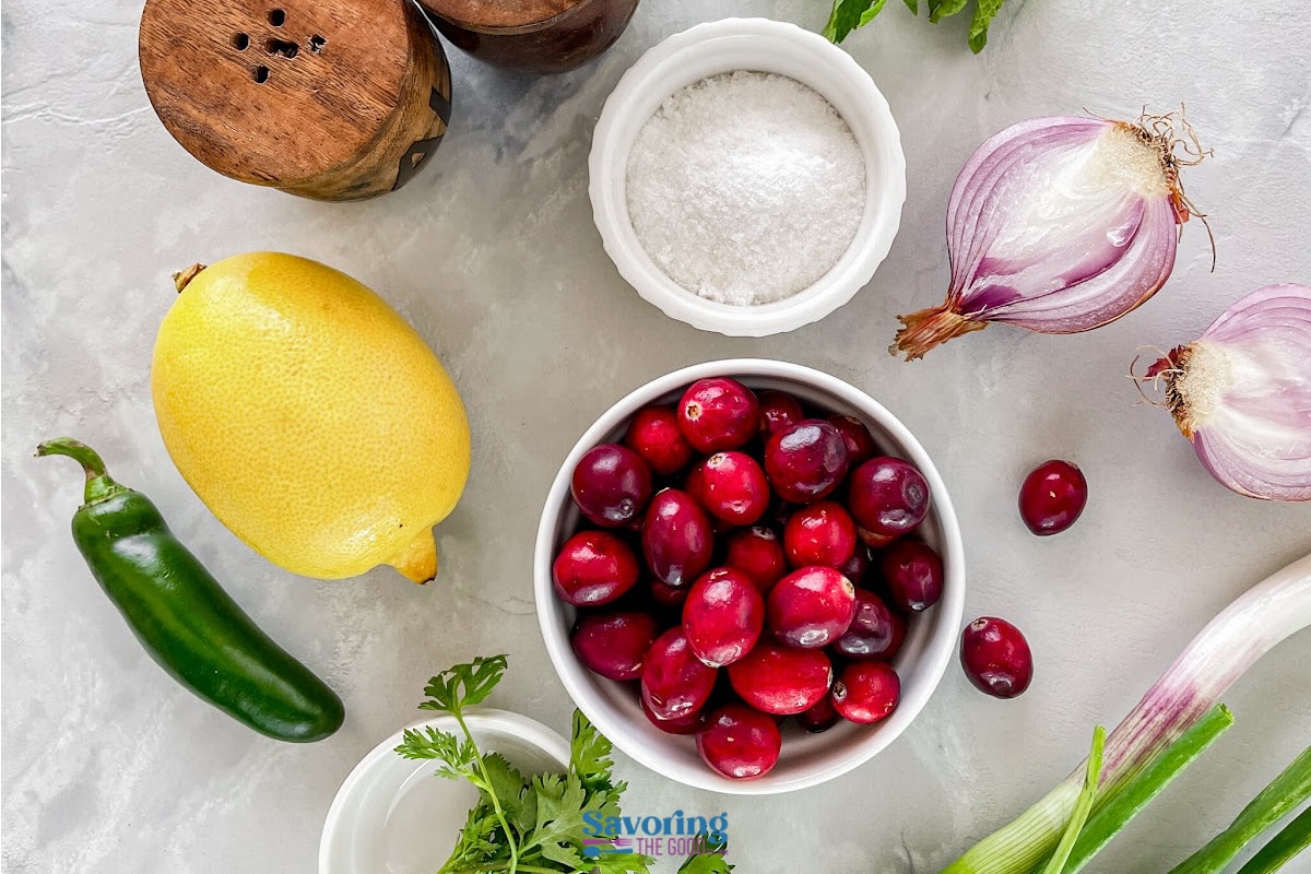 Top-down view of fresh ingredients for cranberry salsa: cranberries in a bowl, lemon, jalapeño, parsley, salt, halved red onion, and green onion on a light surface.