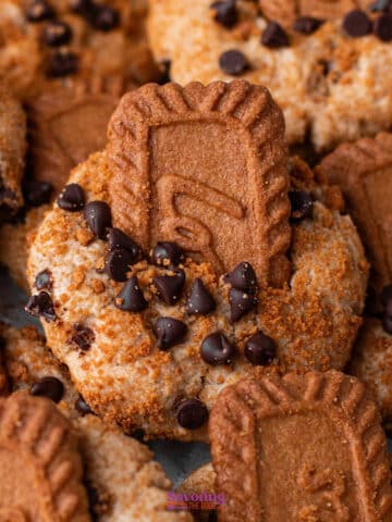 Close-up of biscoff butter cookies topped with chocolate chips and a rectangular spiced biscuit, surrounded by more similar cookies.