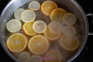 Sliced oranges and lemons simmer in a large pot of water on a stovetop.