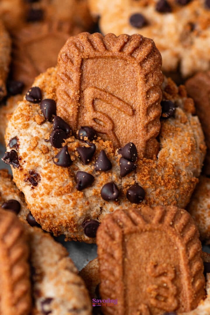 A close-up of cookies topped with chocolate chips and a rectangular biscuit with a patterned edge pushed into each cookie.
