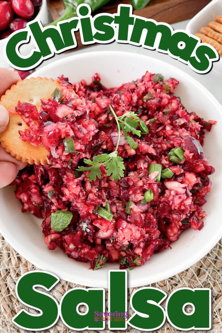 A bowl of finely chopped red salsa garnished with cilantro, with a cracker being dipped into it. The words "Christmas Salsa" are overlaid at the top and bottom of the image.