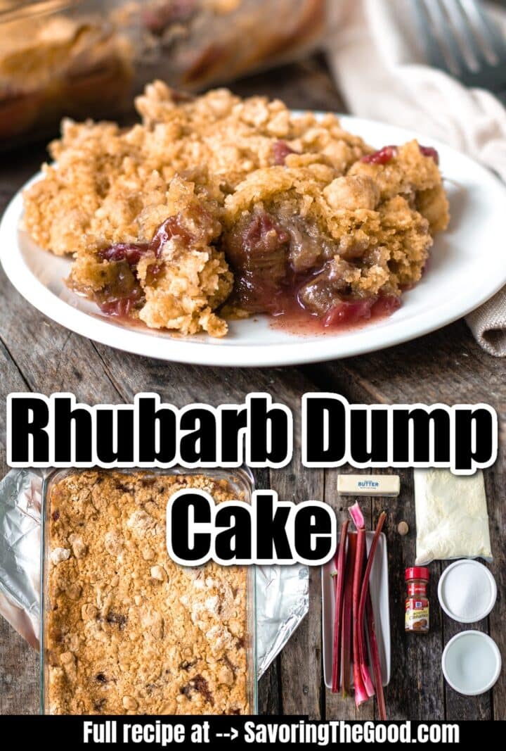 A plate of rhubarb dump cake with a baking dish of the cake, rhubarb stalks, spices, cake mix, and butter displayed beside it. Text reads: "Rhubarb Dump Cake.