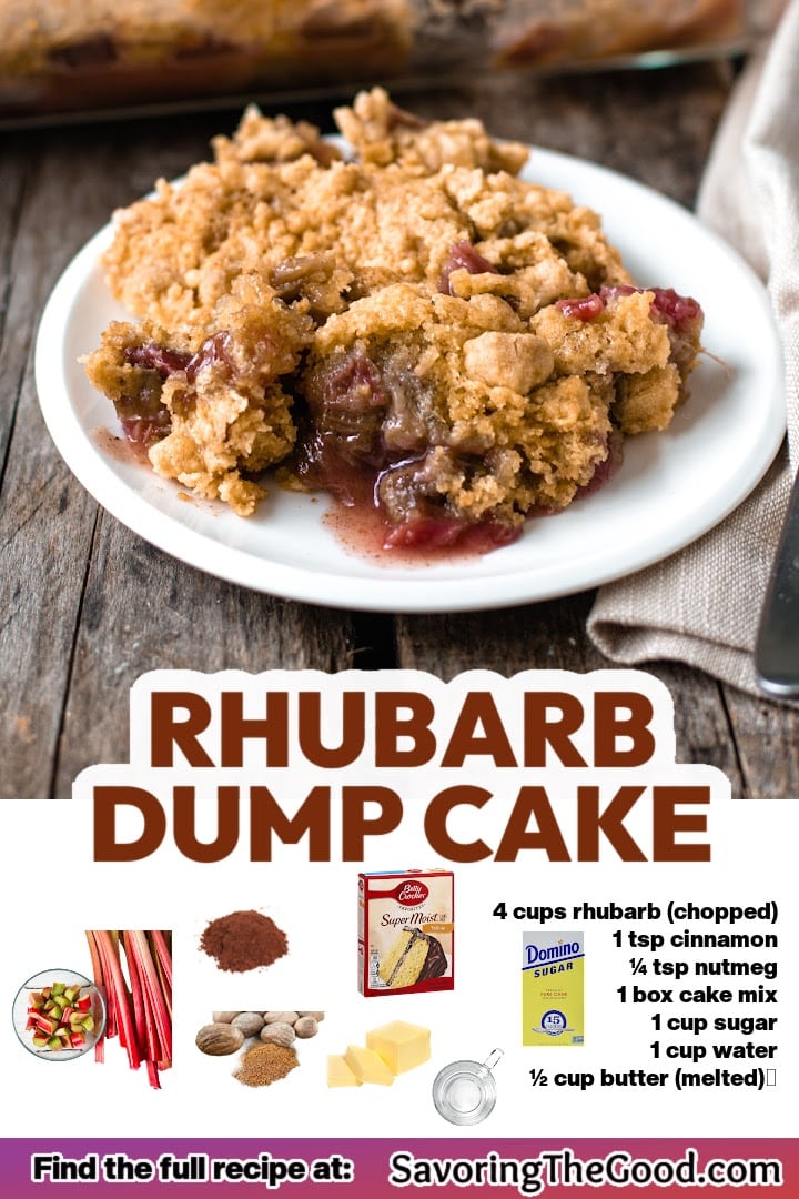 A serving of rhubarb dump cake on a plate sits in front of the baking dish, with listed ingredients and a recipe website link shown below.