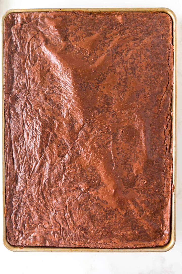 A large rectangular baking sheet filled with chocolate frosted Sheet Pan Brownies, viewed from above, showcasing a rich and decadent dessert.