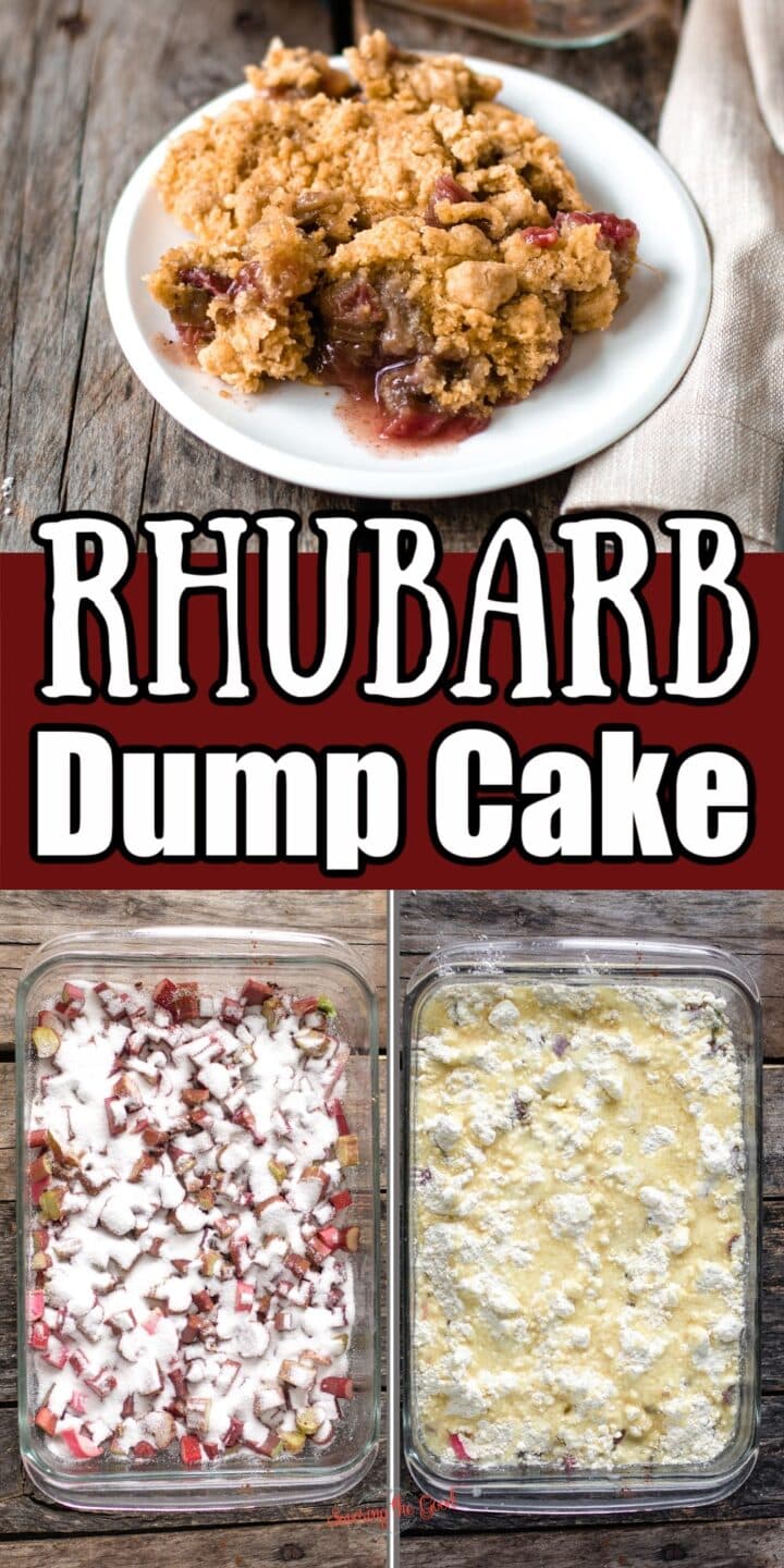 A serving of rhubarb dump cake on a white plate, with two images below showing the cake before and after baking in a glass dish.