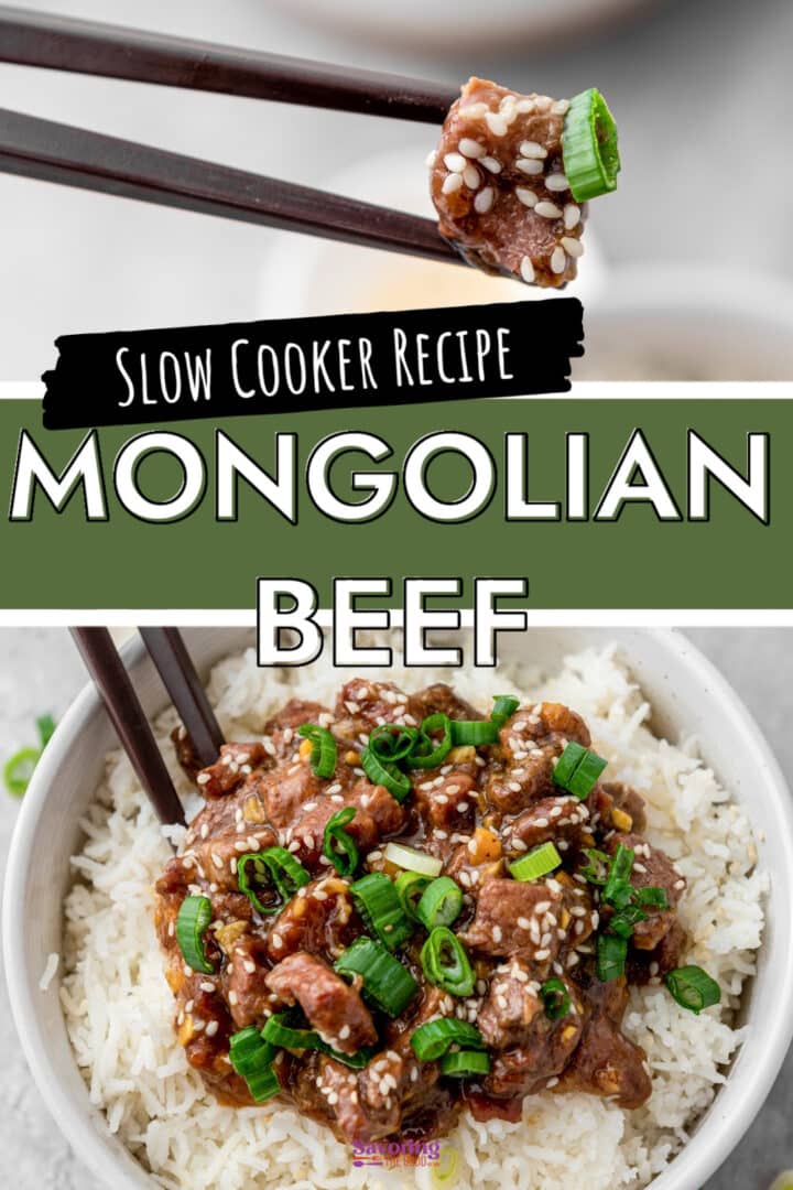 A bowl of Mongolian beef served over white rice, garnished with chopped green onions; chopsticks hold a bite of beef above the bowl. Text reads "Slow Cooker Recipe Mongolian Beef.