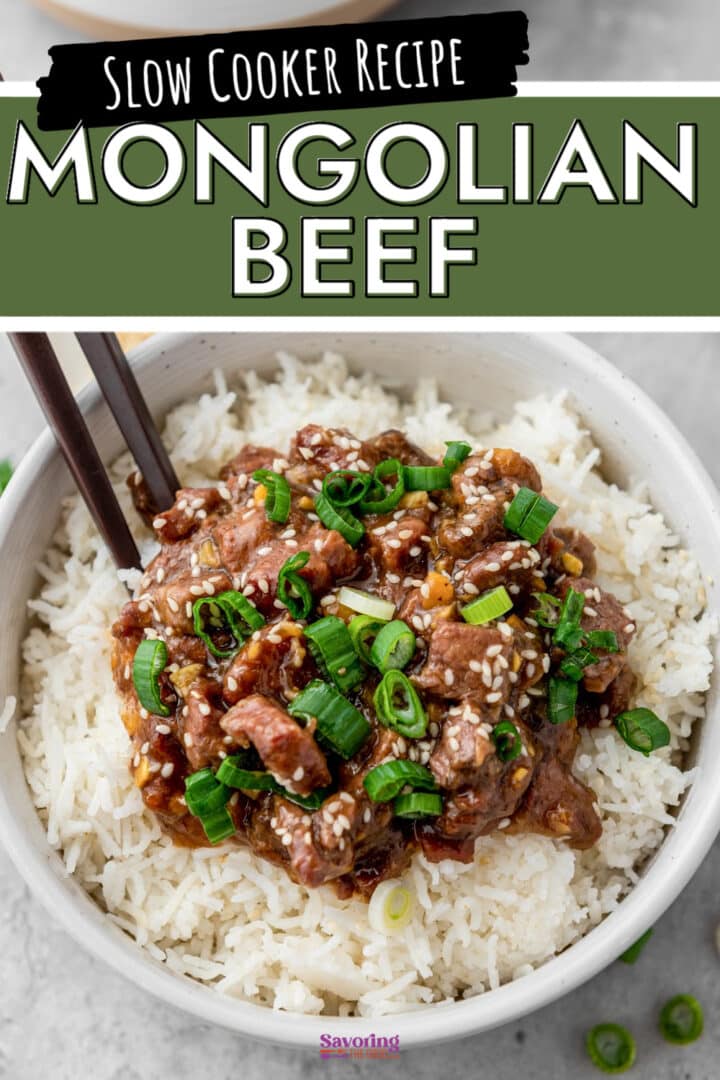 A bowl of white rice topped with Mongolian beef, garnished with sliced green onions and sesame seeds, with chopsticks resting on the bowl.