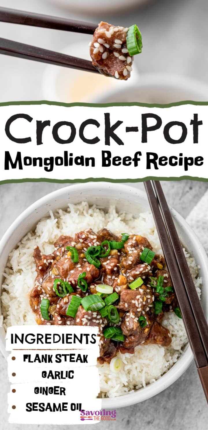 A bowl of Mongolian beef with rice, garnished with green onions and sesame seeds, with chopsticks holding a piece of beef; recipe ingredients listed below.
