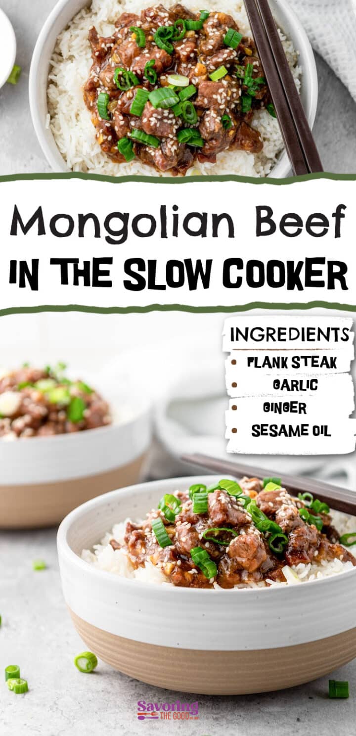 Bowls of Mongolian beef with rice, topped with chopped green onions. Text details ingredients: flank steak, garlic, ginger, sesame oil, and notes it's made in a slow cooker.