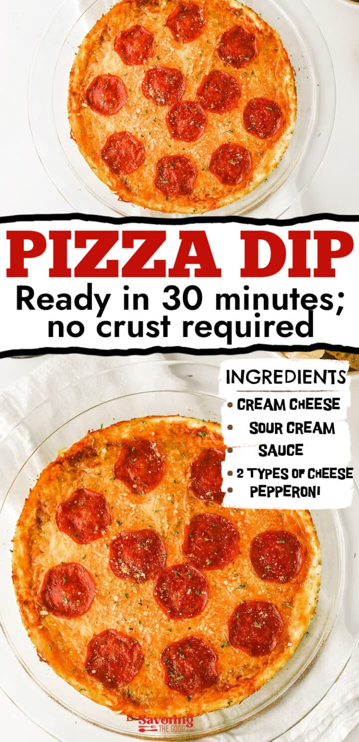 Two glass dishes filled with a pepperoni pizza dip, topped with melted cheese and pepperoni slices. Text highlights that it's ready in 30 minutes with ingredients listed on the image.