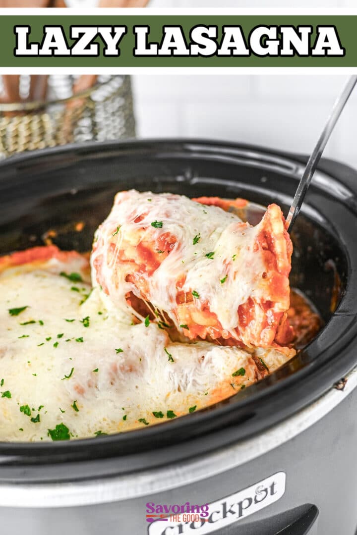 A serving of cheesy lasagna being lifted from a slow cooker with melted cheese and parsley on top.