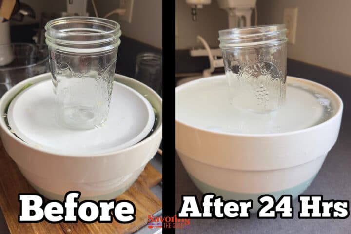 Two side-by-side photos show a glass jar on a plate over a bowl labeled "Before" and "After 24 Hrs," with the jar lowered in the second image, illustrating how brining pickles creates noticeable changes from weight or pressure over time.