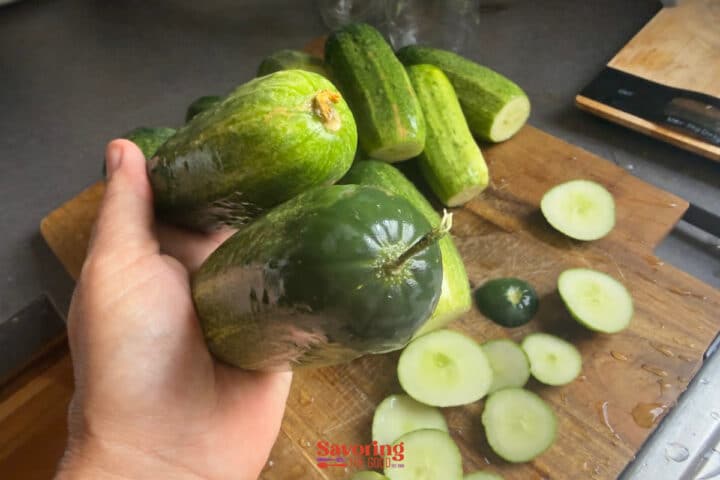 A hand holds a pickling cucumber above a cutting board to showcase the difference between blossom end vs. stem end with whole and sliced cucumbers.