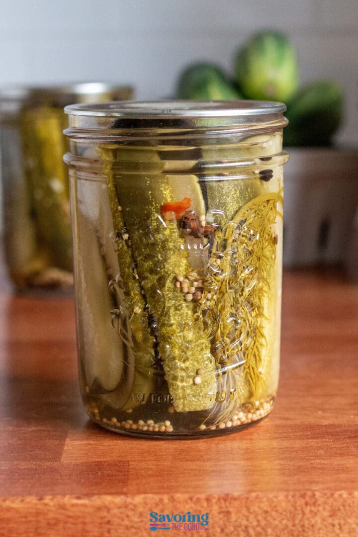 A glass jar filled with pickles, dill, and pickling spices sits on a wooden surface.