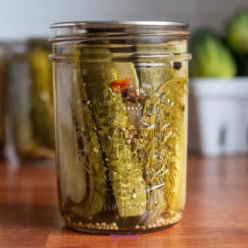 A glass jar filled with homemade dill pickles, mustard seeds, and spices sits on a wooden surface with more jars and cucumbers in the background.