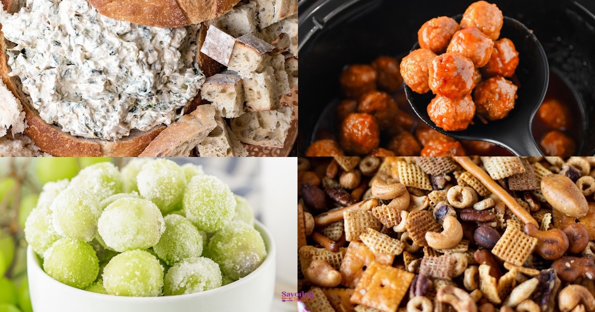 A collage showing spinach dip in a bread bowl, meatballs in a slow cooker, sugar-coated grapes, and a bowl of party snack mix.